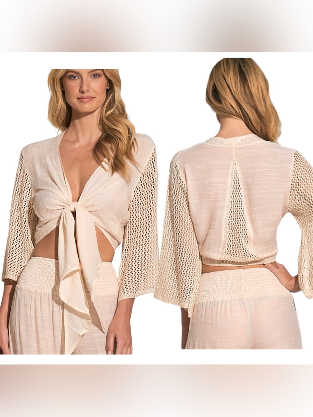 Elan Boho Cream Lightweight Casual Tie-Front Crochet Sleeve Cardigan Top NWOT M
